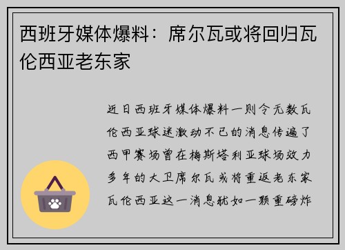 西班牙媒体爆料：席尔瓦或将回归瓦伦西亚老东家