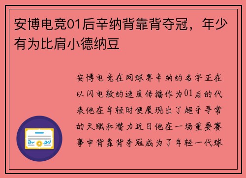 安博电竞01后辛纳背靠背夺冠，年少有为比肩小德纳豆